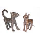 Two Benin bronze models of lions, taller 29cm