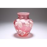 A BOHEMIAN CRANBERRY GLASS VASE, LATE 19TH CENTURY, of squat baluster form, white painted with birds