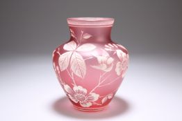 A BOHEMIAN CRANBERRY GLASS VASE, LATE 19TH CENTURY, of squat baluster form, white painted with birds