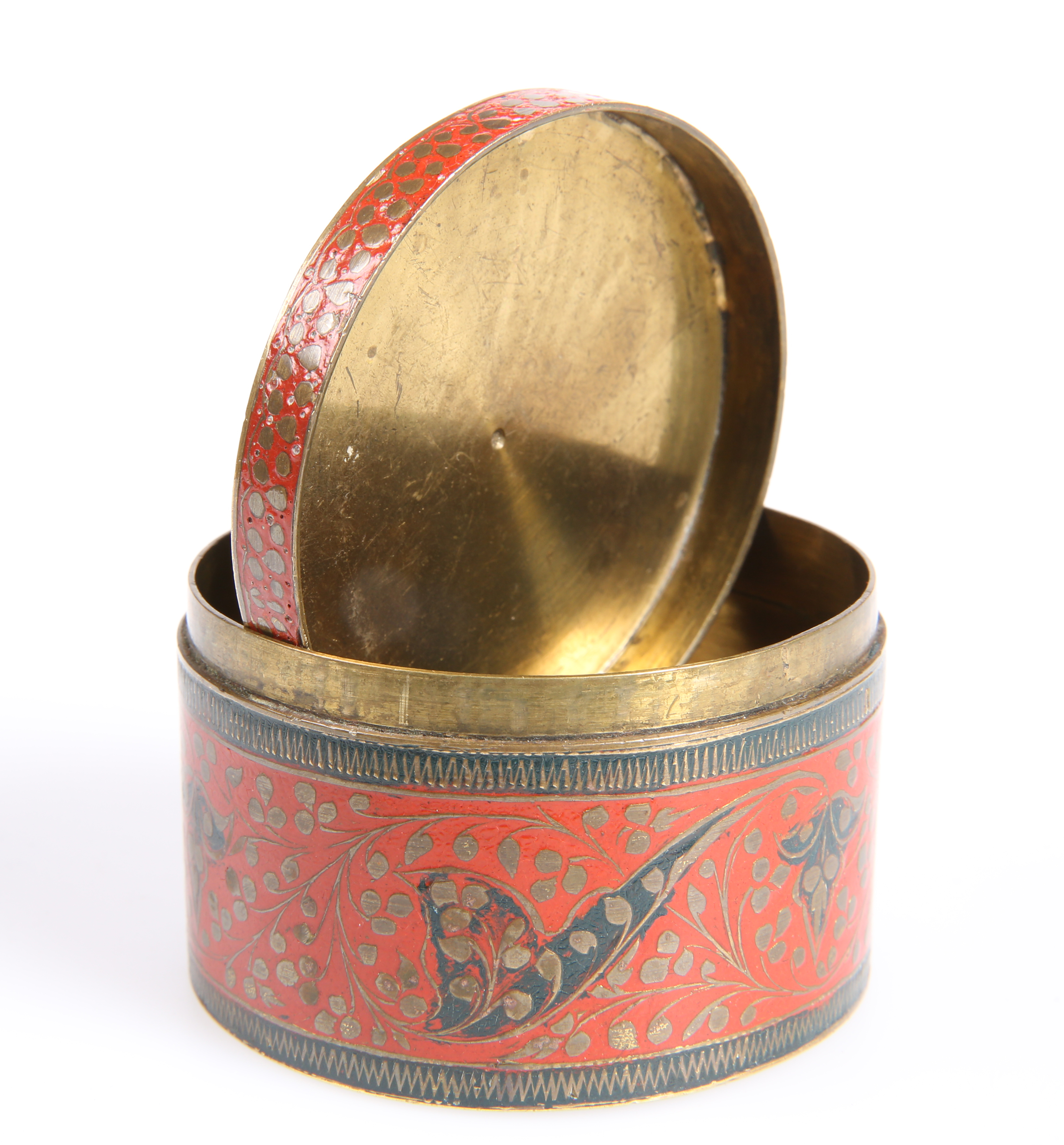 An Eastern enamelled brass circular box and cover the red ground picked out with scrolling - Image 2 of 2