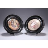 A PAIR OF VICTORIAN POT LIDS, "HIDE AND SEEK" AND "AUTUMN", in moulded circular frames. 16.5cm