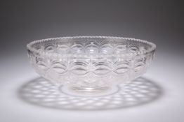 A LARGE CUT-GLASS BOWL, LATE 19TH CENTURY, circular, cut with a diamond pattern. 29cm wide