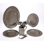 ~ THREE 18TH CENTURY PEWTER PLATES, touchmark of Hellier Perchard, engraved with a crest, each 24.