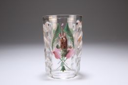 A CONTINENTAL GLASS BEAKER, 19TH CENTURY, cylindrical with four "pinched" ridges, enamel painted