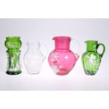 Four pieces of Victorian Mary Gregory glass inc. cranberry jug, green vase, etc (4)