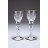 TWO JACOBITE STYLE CORDIAL GLASSES, POSSIBLY WHITEFRIARS, each bowl engraved with a bird and