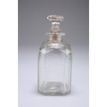 A late 18th century cut glass liqueur bottle, with sliced cut shoulders and corners, engraved