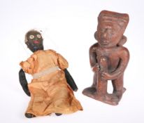 A tribal earthen ware figure; together with a doll and a bust applied with shells, earthen ware