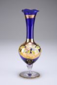 A Murano glass specimen vase, the blue glass body gilded and enamel painted with foliage, 18cm high