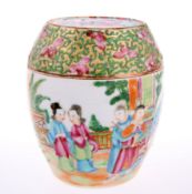 A 19th century Cantonese famille rose barrel shaped box and cover, typically decorated with
