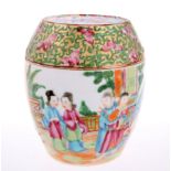 A 19th century Cantonese famille rose barrel shaped box and cover, typically decorated with