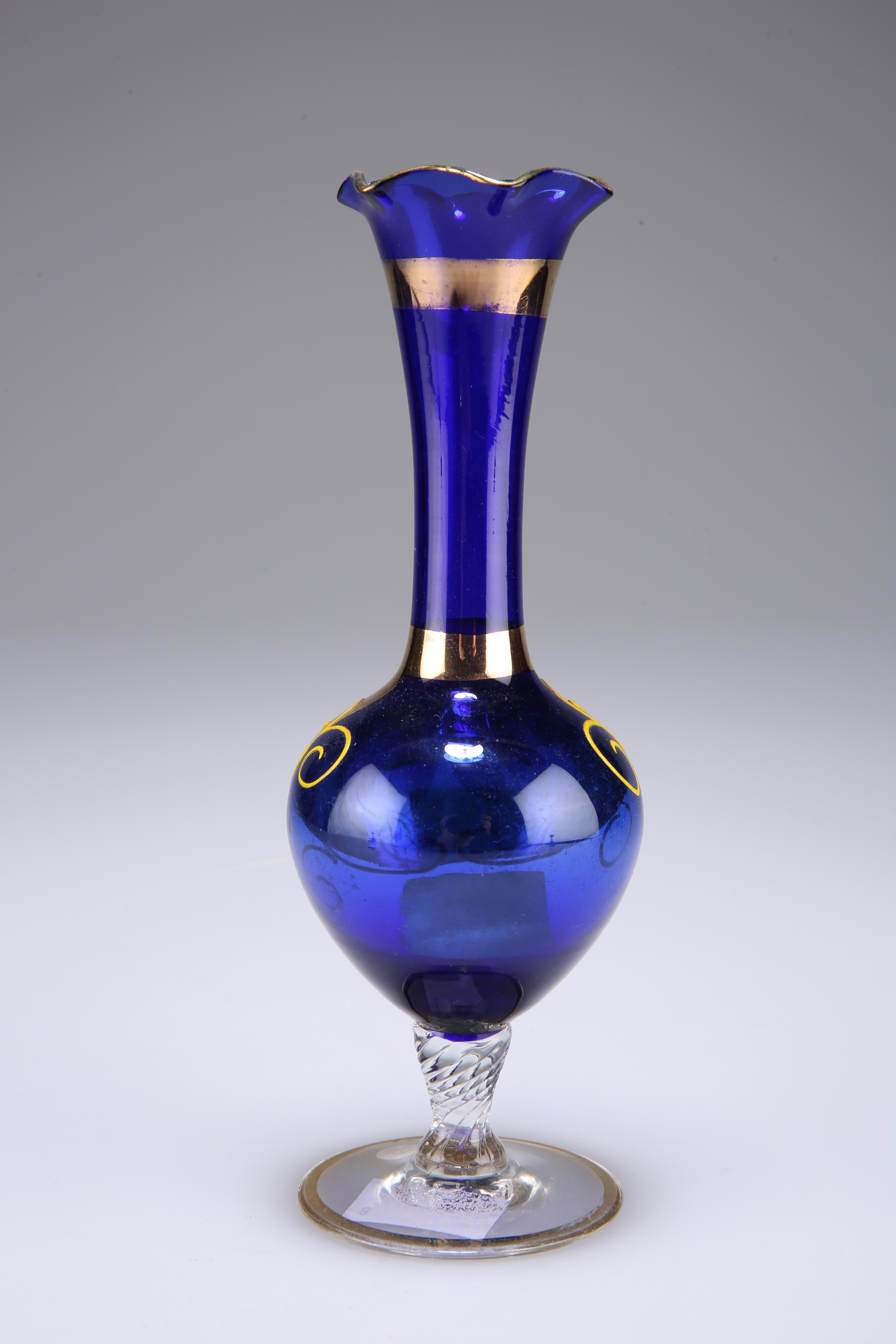 A Murano glass specimen vase, the blue glass body gilded and enamel painted with foliage, 18cm high - Image 2 of 2