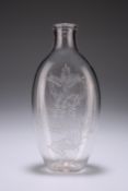 A 19TH CENTURY GLASS FLASK, ovoid, engraved with foliage to each side and to one side a monogram.