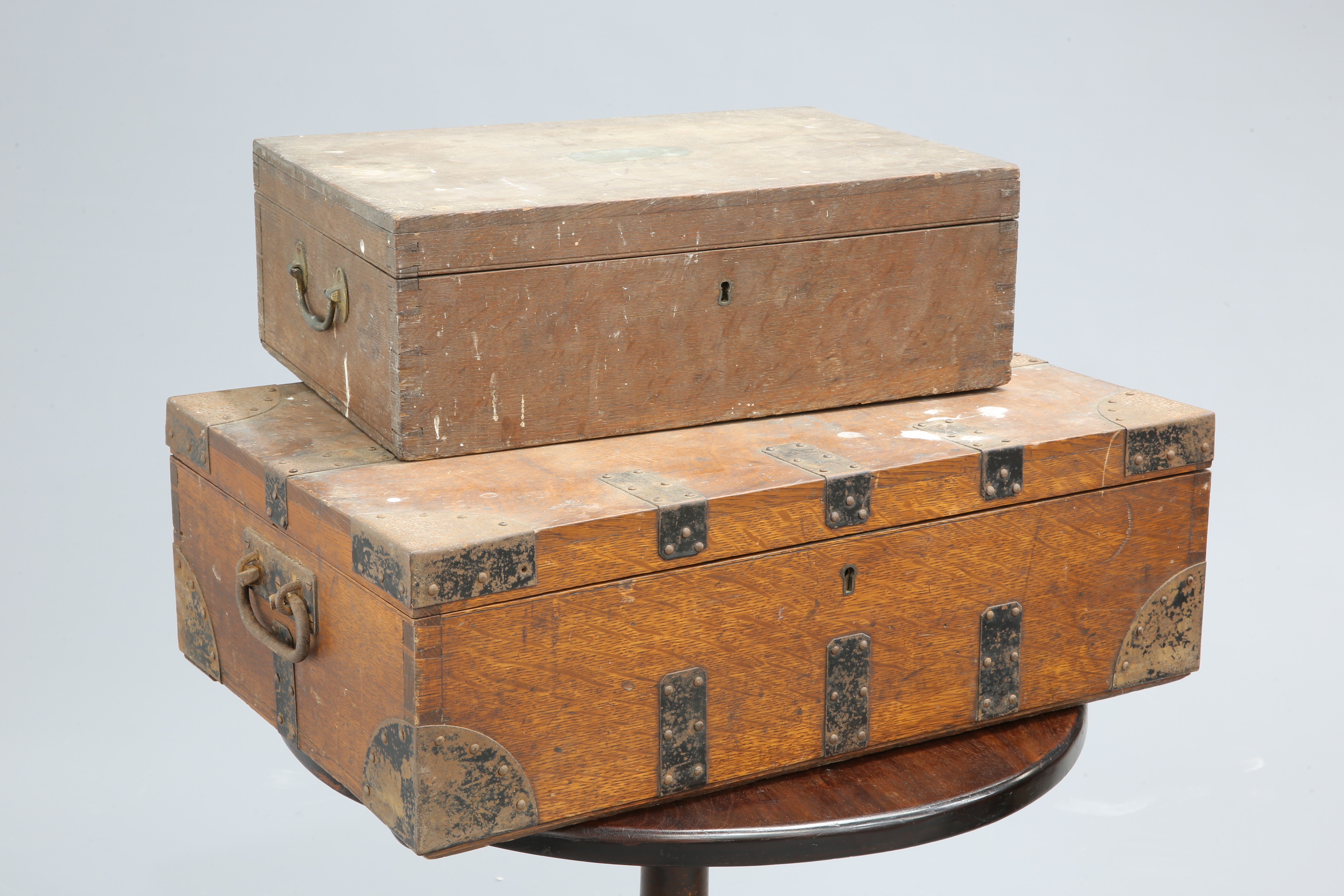 ~ TWO 19TH CENTURY COUNTRY HOUSE OAK CANTEEN BOXES, the first labelled 'MAKEPEACE & WALFORD', the