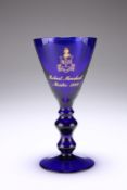 A BRISTOL BLUE GLASS WINE GOBLET, with double knopped stem. 17cm high Provenance: The Chris Crabtree