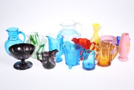 Fourteen pieces of Victorian and later glass inc. pressed coloured glass cream jugs, slag glass