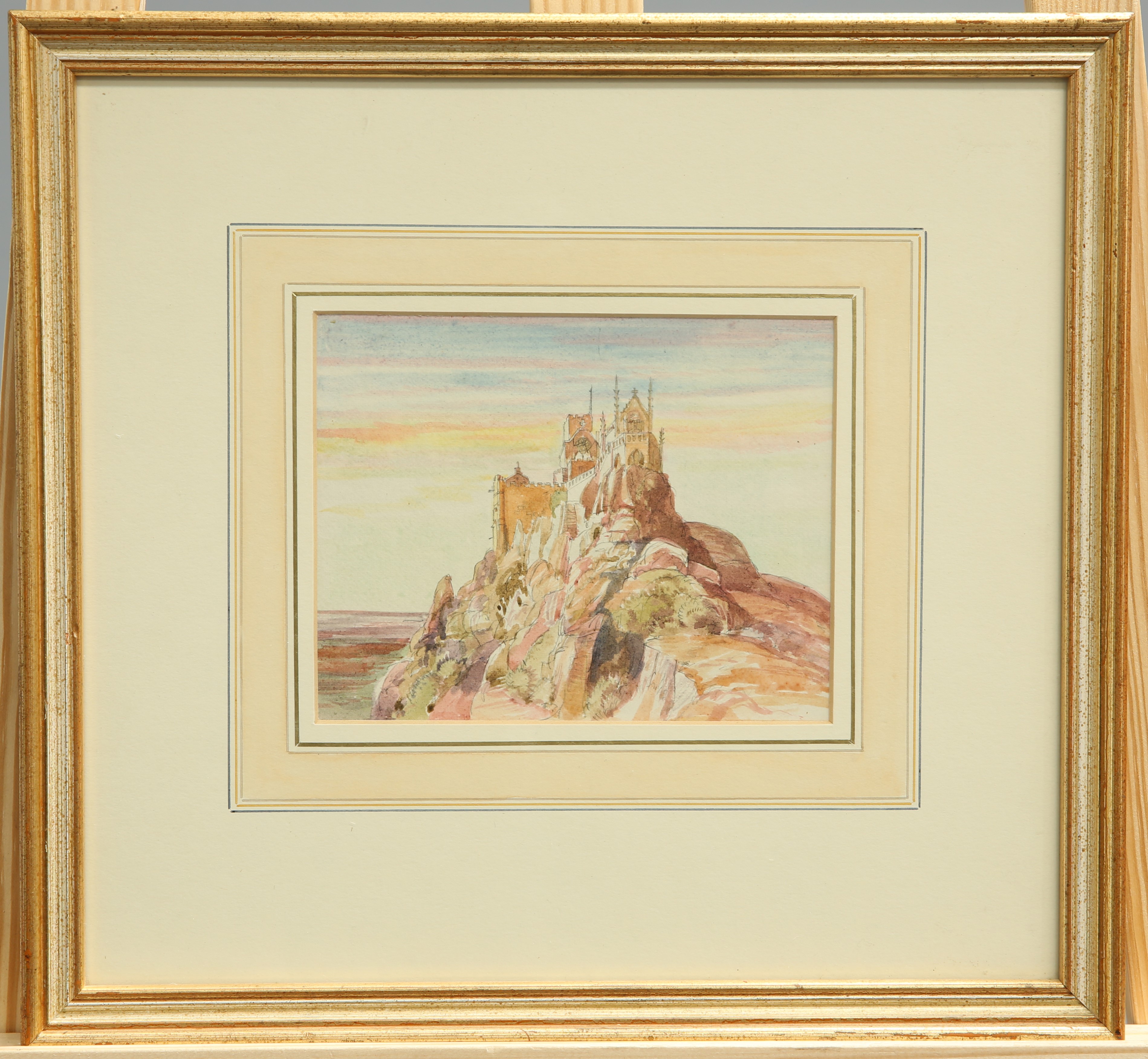 ALFRED BURGESS SHARROCKS, CASTLES, A PAIR, unsigned but labelled verso, watercolours, framed. (2)