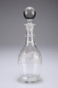 A small 19th century glass decanter, the mallet shaped body etched with oak leaves, 21cm high