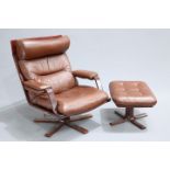 A 1970'S BROWN LEATHER AND BENTWOOD SWIVEL CHAIR AND FOOTSTOOL
