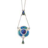 AN ART NOUVEAU SILVER AND ENAMEL PENDANT ON CHAIN, BY CHARLES HORNER