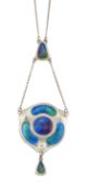 AN ART NOUVEAU SILVER AND ENAMEL PENDANT ON CHAIN, BY CHARLES HORNER