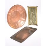 A BRASS TRAY, COPPER CHARGER AND PEWTER TRAY