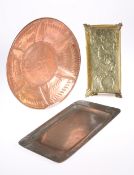 A BRASS TRAY, COPPER CHARGER AND PEWTER TRAY