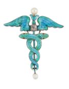 AN ART NOUVEAU ENAMEL, PEARL AND DIAMOND CADUCEUS BROOCH, BY CHILD & CHILD