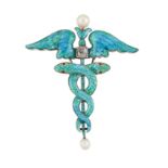 AN ART NOUVEAU ENAMEL, PEARL AND DIAMOND CADUCEUS BROOCH, BY CHILD & CHILD