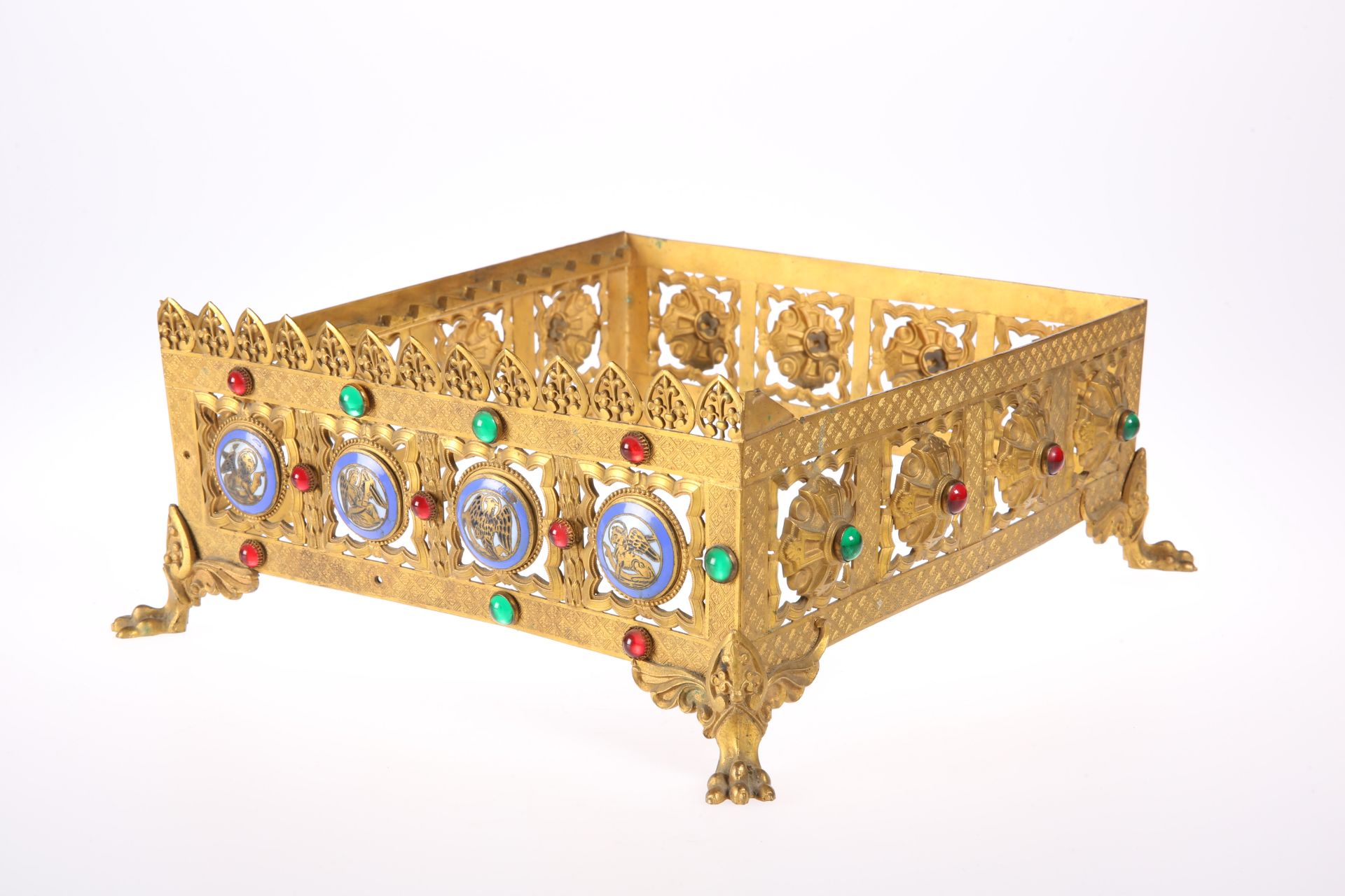 A GOTHIC REVIVAL 'JEWELLED' BRASS MISSAL STAND, CIRCA 1870