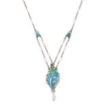 AN ART NOUVEAU SILVER AND ENAMEL PENDANT ON CHAIN, BY MURRLE BENNETT