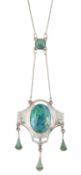 AN ART NOUVEAU SILVER AND ENAMEL PENDANT ON CHAIN, BY CHARLES HORNER