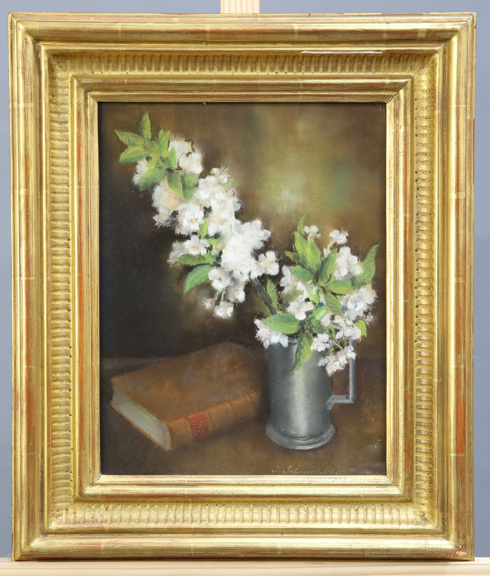 JUDITH SCHMIED - L'EPLATTENIER (1908-2003), STILL LIFE OF SPRING BLOSSOM IN TANKARD, signed and