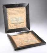 TWO EARLY VICTORIAN NEEDLEWORK SAMPLERS, BY ELIZABETH DAVIES, dated 1840 and 1844, framed. 1840