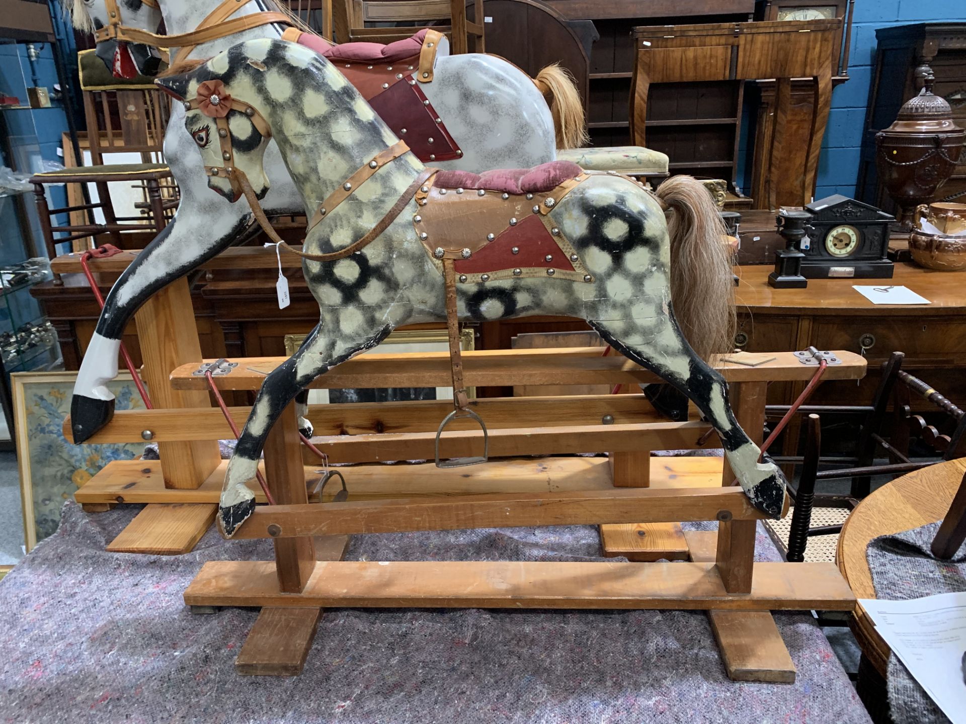 A SMALL PAINTED AND CARVED ROCKING HORSE - Bild 6 aus 9