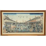 A JAPANESE WOOD-CUT, HONCHO-DORI STREET SCENE, late 19th Century, framed. 35cm by 71cm