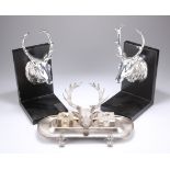 A BRITANNIA METAL DESK INKSTAND WITH STAG'S HEAD F