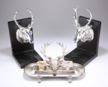 A BRITANNIA METAL DESK INKSTAND WITH STAG'S HEAD F