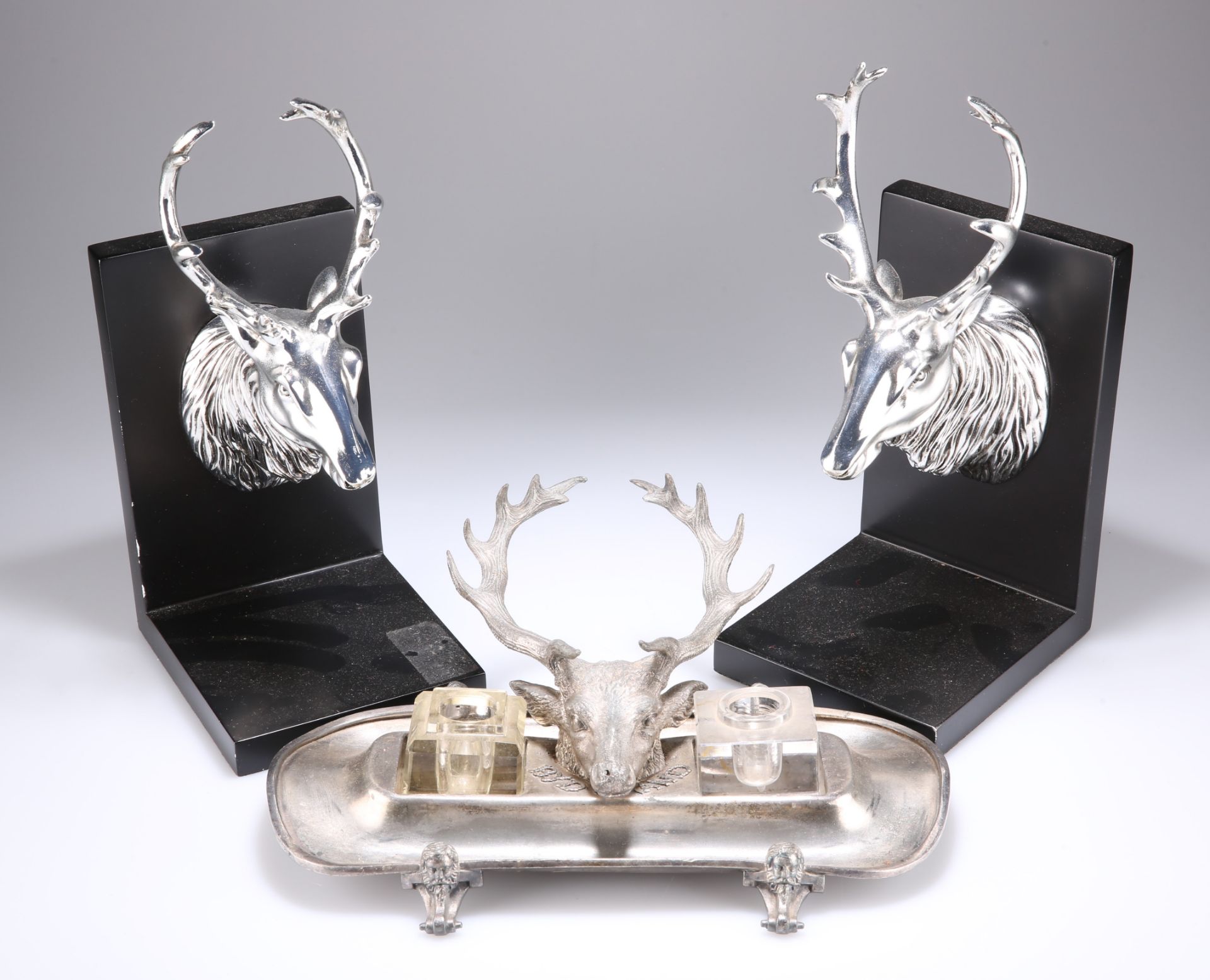 A BRITANNIA METAL DESK INKSTAND WITH STAG'S HEAD F