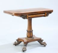 A WILLIAM IV ROSEWOOD FOLD OVER CARD TABLE