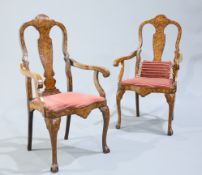 A PAIR OF FLORAL MARQUETRY OPEN ARMCHAIRS