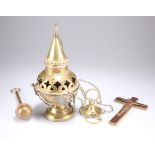 A 19TH CENTURY GOTHIC REVIVAL BRASS THURIBLE CENSER