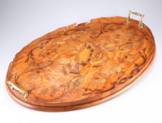 A MAHOGANY MARQUETRY INLAID TWO HANDLED OVAL TRAY