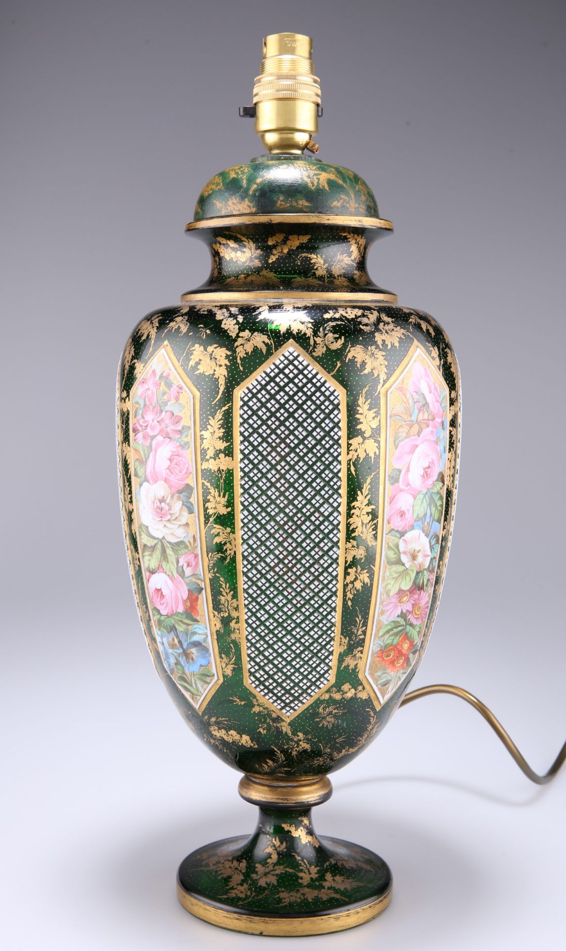 A BOHEMIAN GILDED AND PAINTED GREEN GLASS VASE