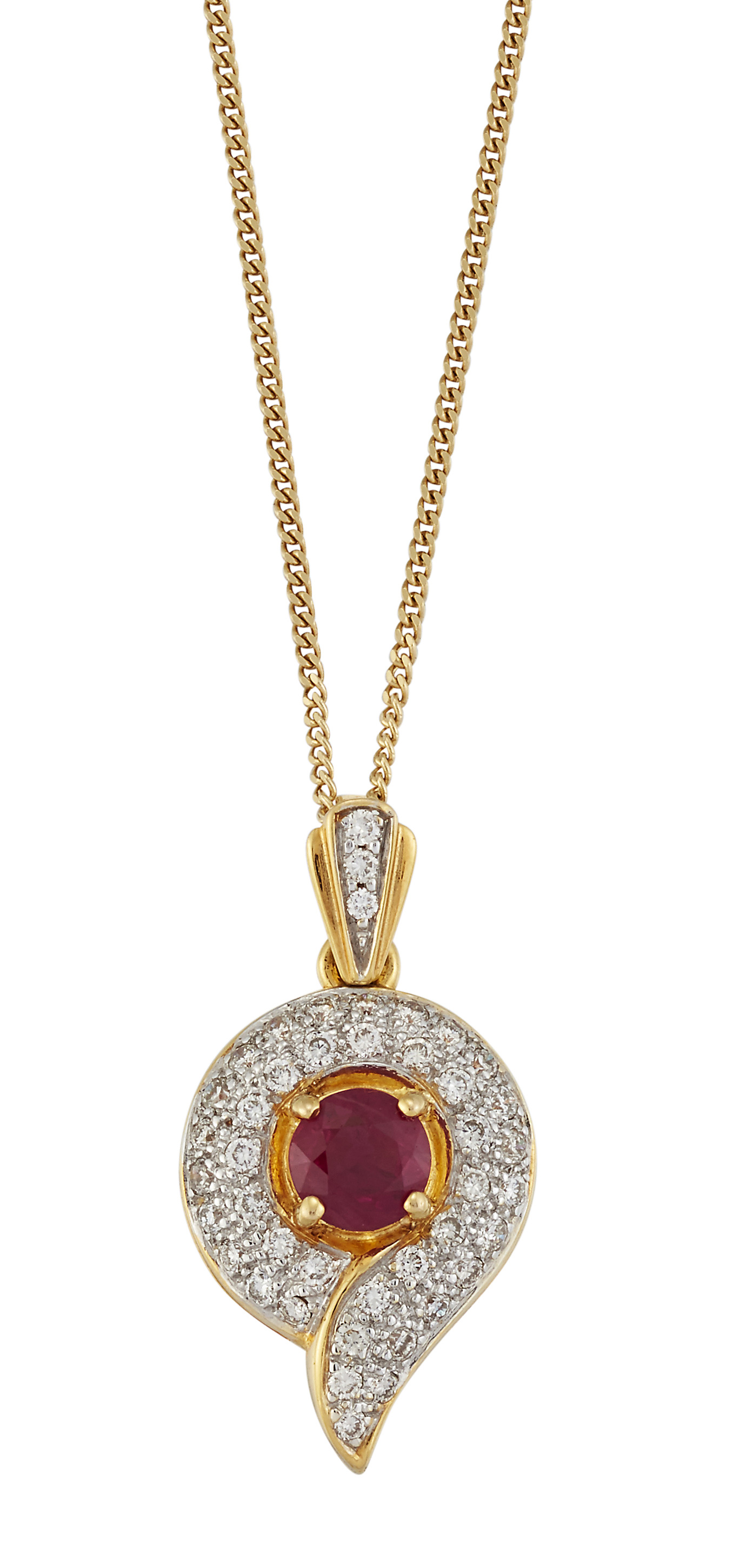 A RUBY AND DIAMOND PENDANT ON CHAIN