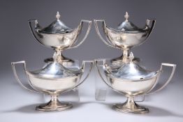 A SET OF FOUR GEORGE III SILVER SAUCE TUREENS AND COVERS