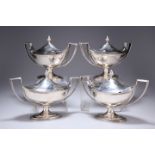 A SET OF FOUR GEORGE III SILVER SAUCE TUREENS AND COVERS