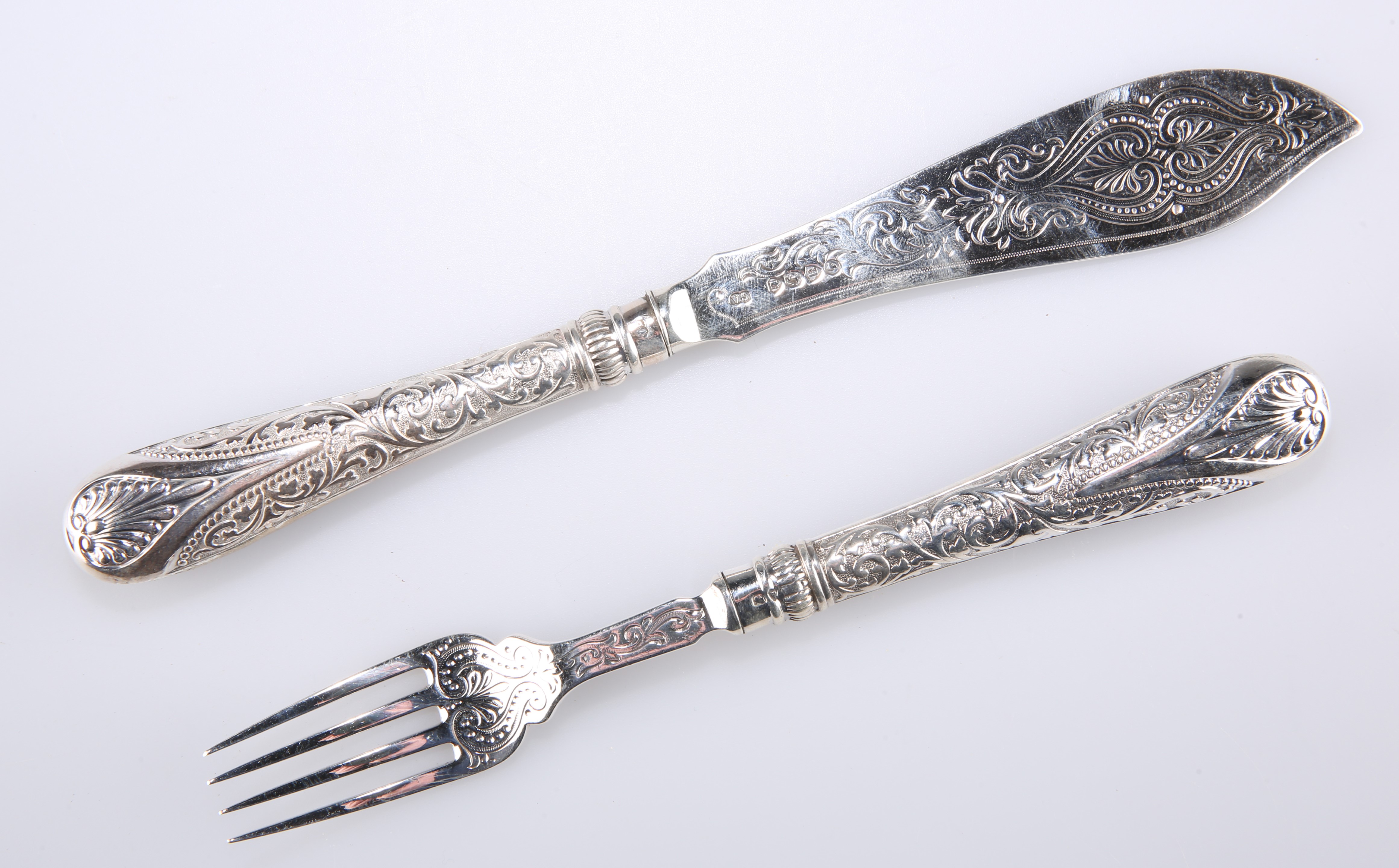 A SET OF VICTORIAN SILVER FISH KNIVES AND FORKS - Image 2 of 3