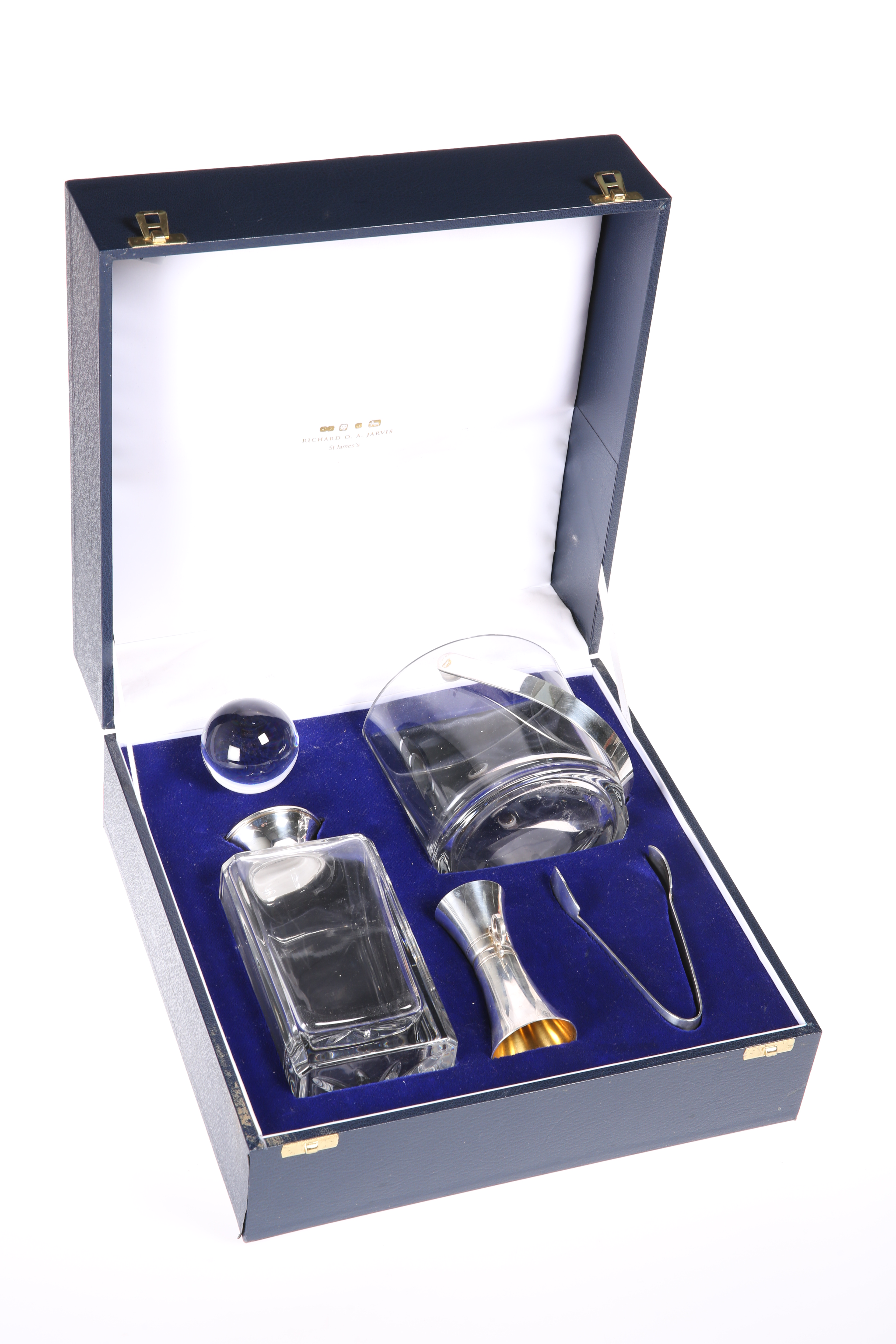 A CASED SILVER MOUNTED GLASS DRINKS SET