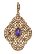 A SUFFRAGIST AMETHYST, PERIDOT AND SEED PEARL PENDANT